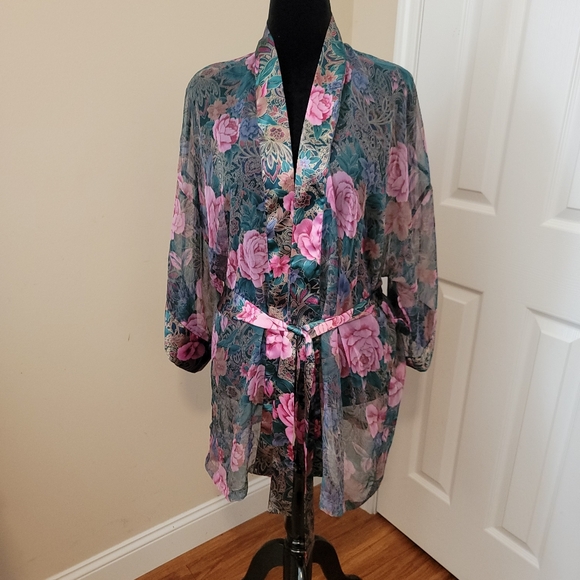 Victoria's Secret Other - Victoria's Secret Gold Label Vintage Sheer and Satin Green Pink Floral Robe OS